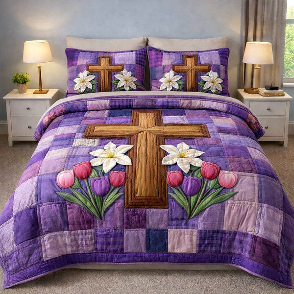 Faithful Sunrise quilted 3-piece bedding set on a made bed in a softly lit bedroom