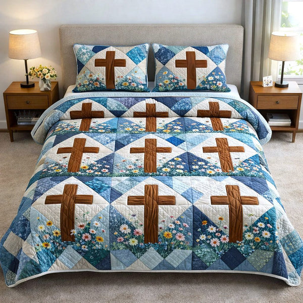 Faithful Sunrise quilted 3-piece bedding set on a made bed in a softly lit bedroom