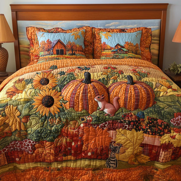 Fall at the Farm quilted 3-piece bedding set on a made bed with two matching pillow shams