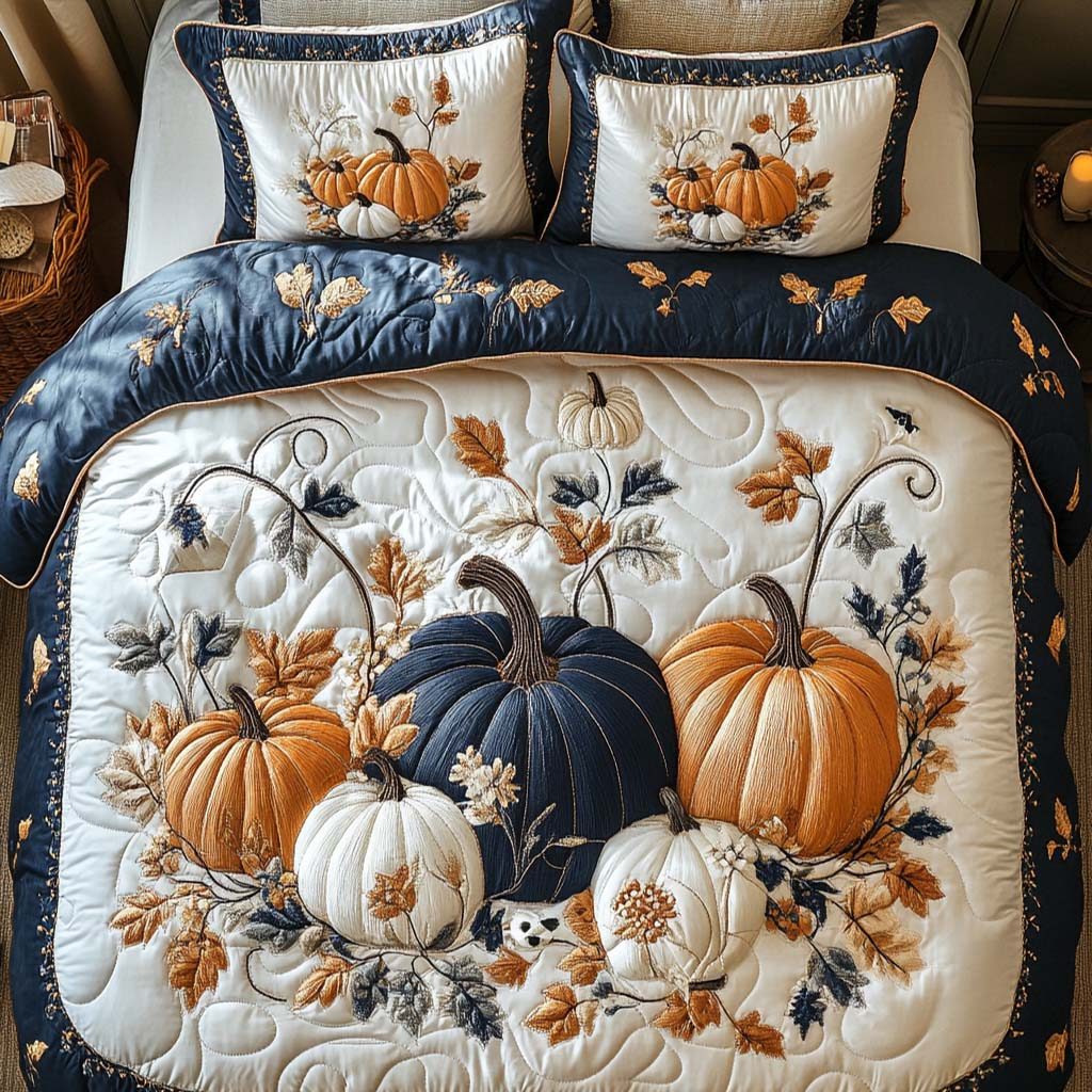 Fall Blessing Path quilted 3-piece bedding set on a made bed with two matching pillow shams