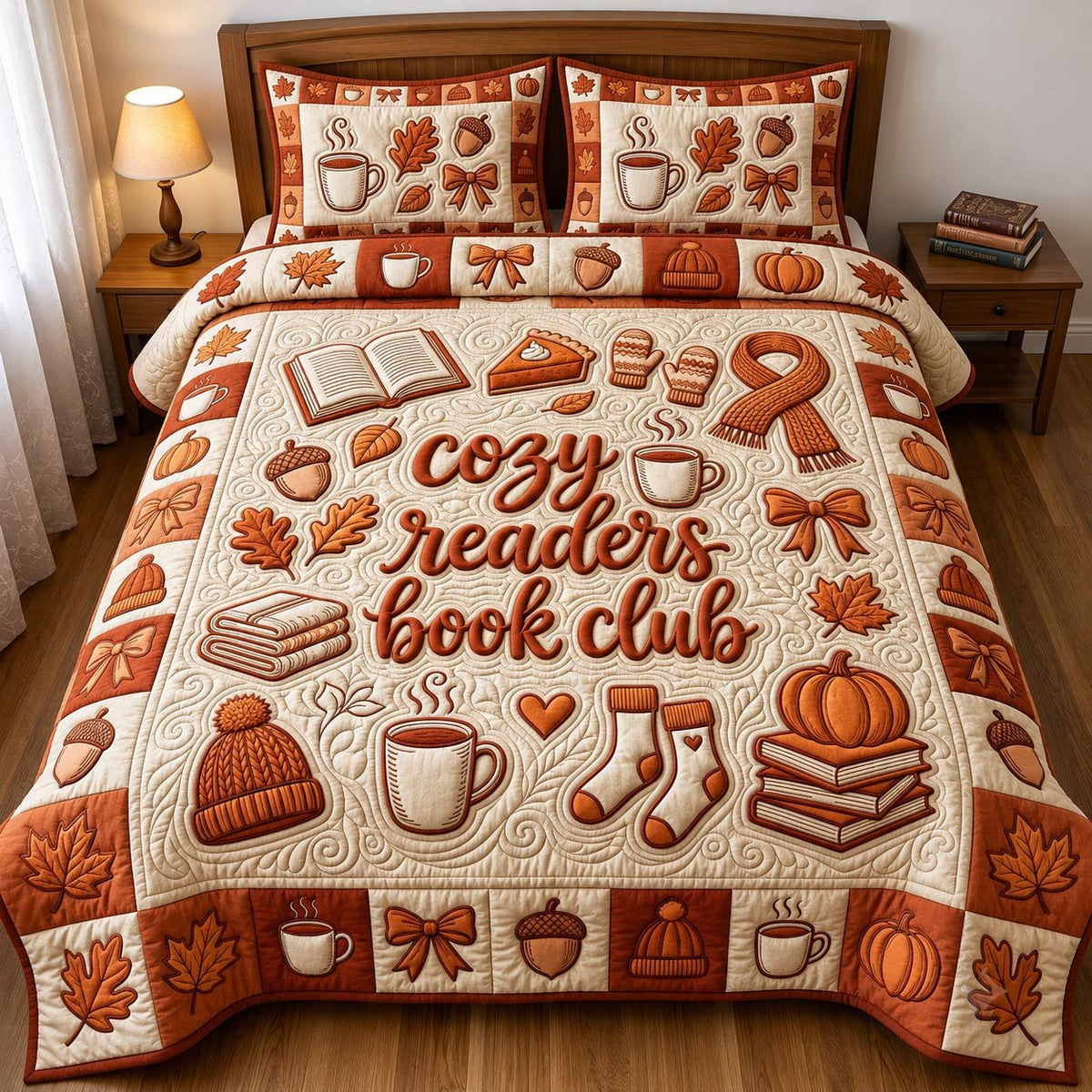 Fall Book Lover quilted 3-piece bedding set on a made bed with two matching pillow shams