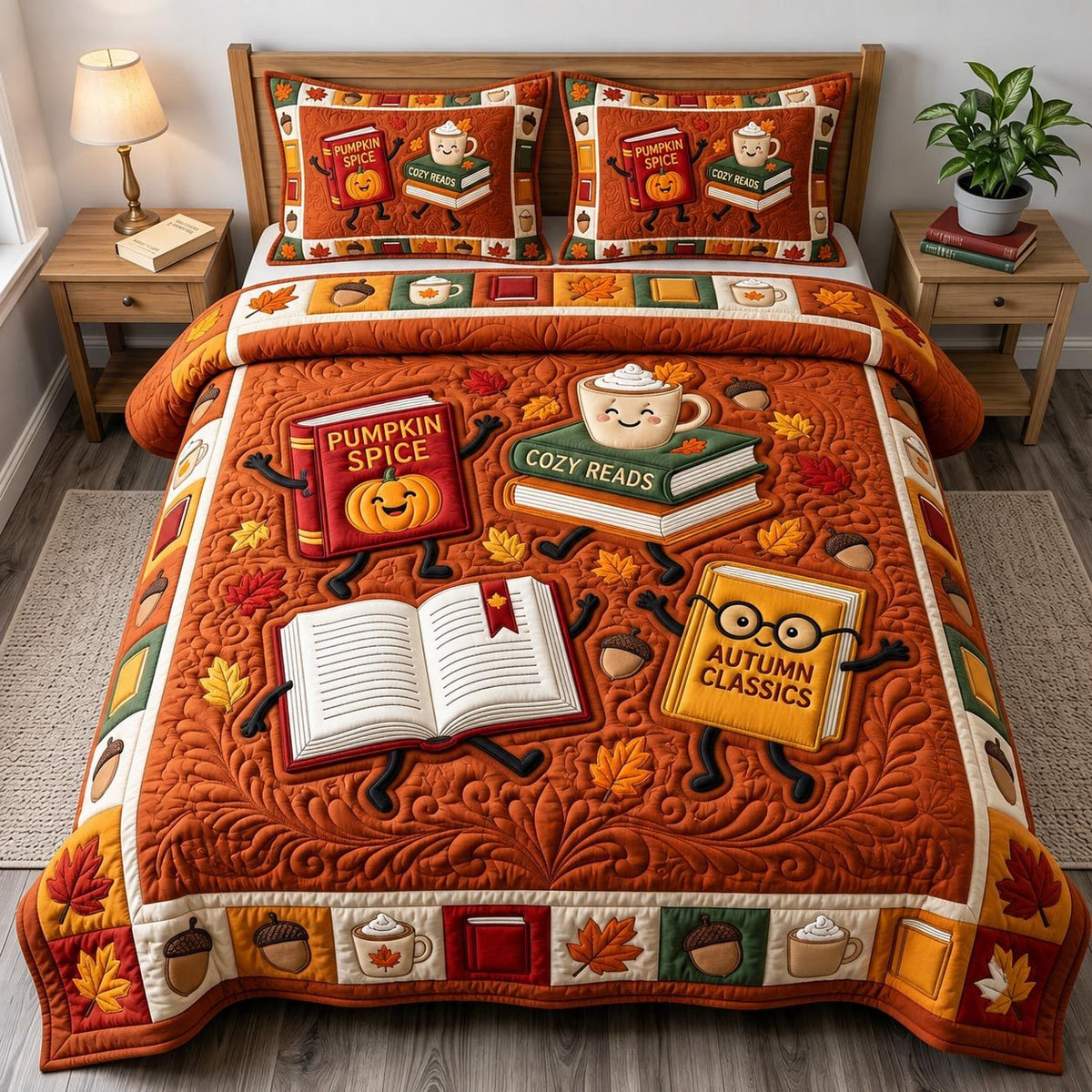 Fall Book Lover quilted 3-piece bedding set on a made bed with two matching pillow shams