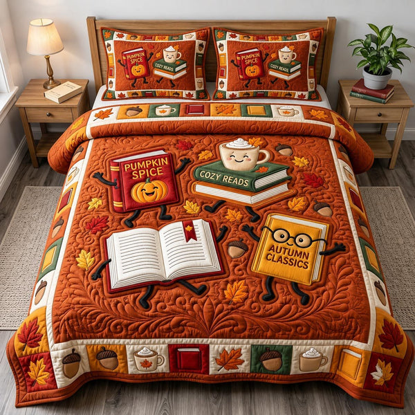 Fall Book Lover quilted 3-piece bedding set on a made bed with two matching pillow shams