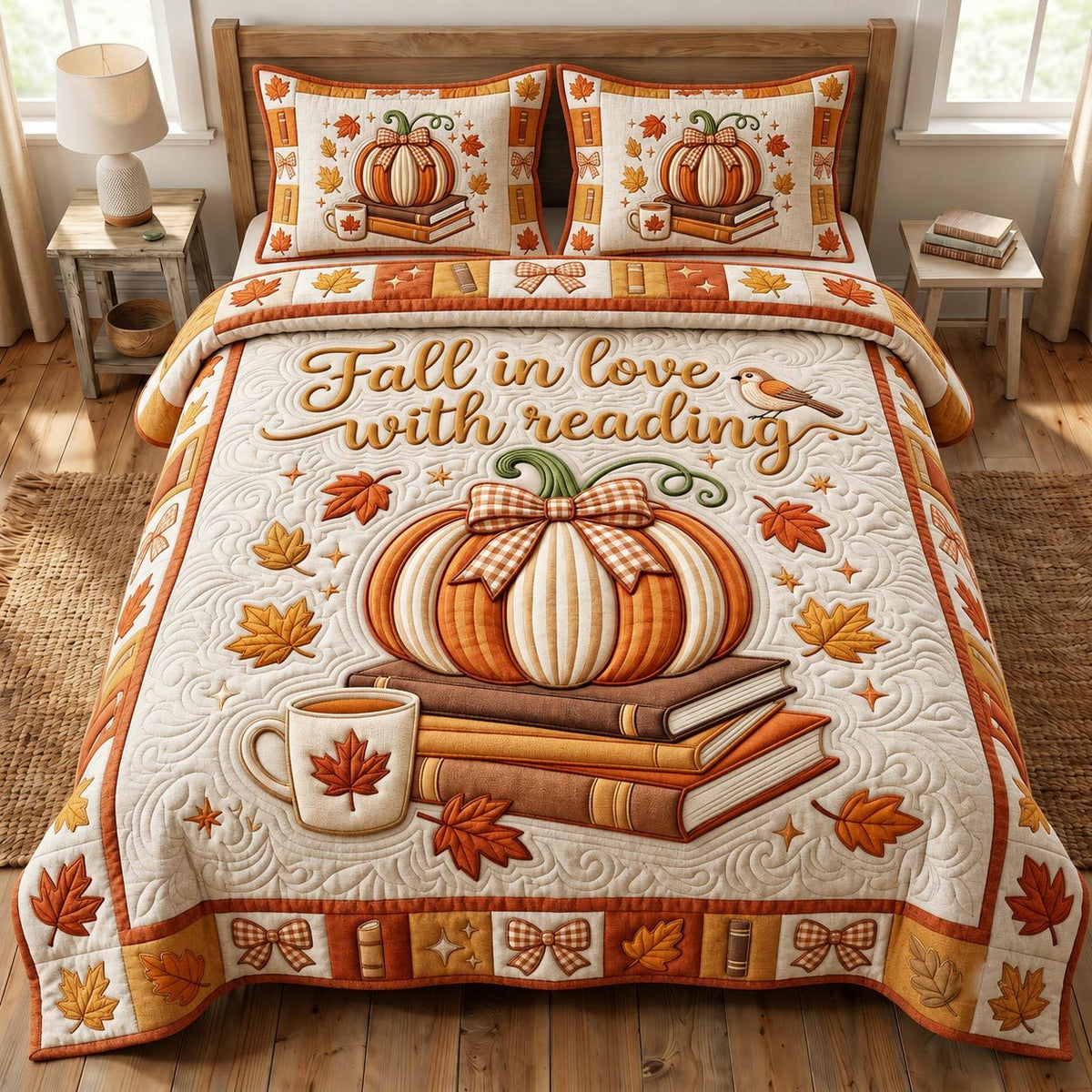 Fall Book Lover quilted 3-piece bedding set on a made bed with two matching pillow shams