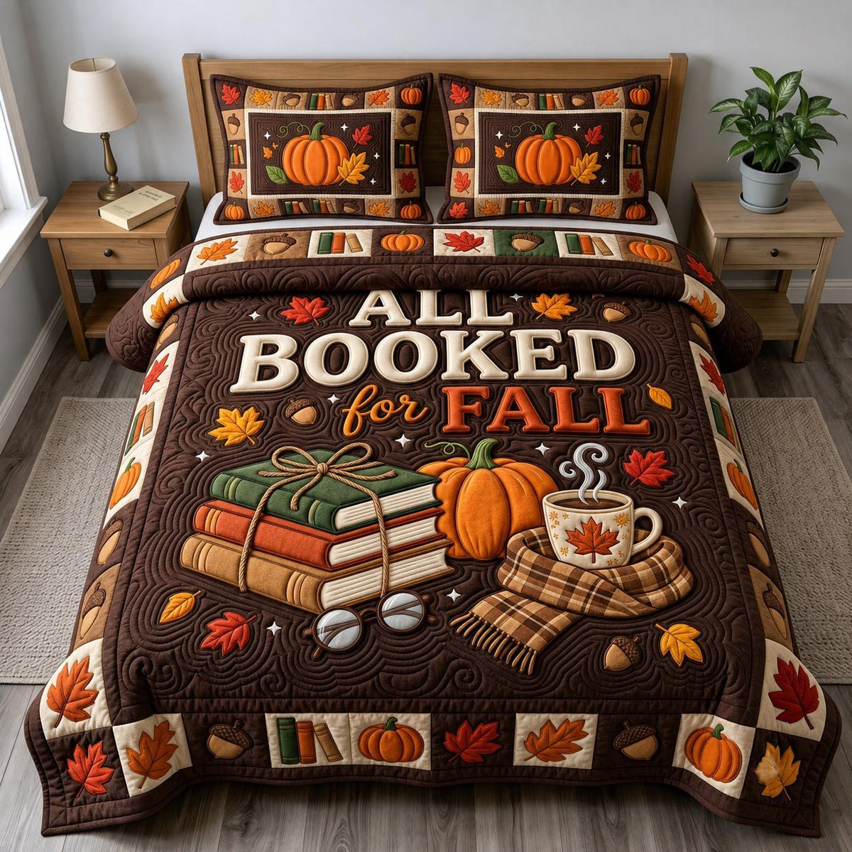 Fall Book Lover quilted 3-piece bedding set on a made bed with two matching pillow shams