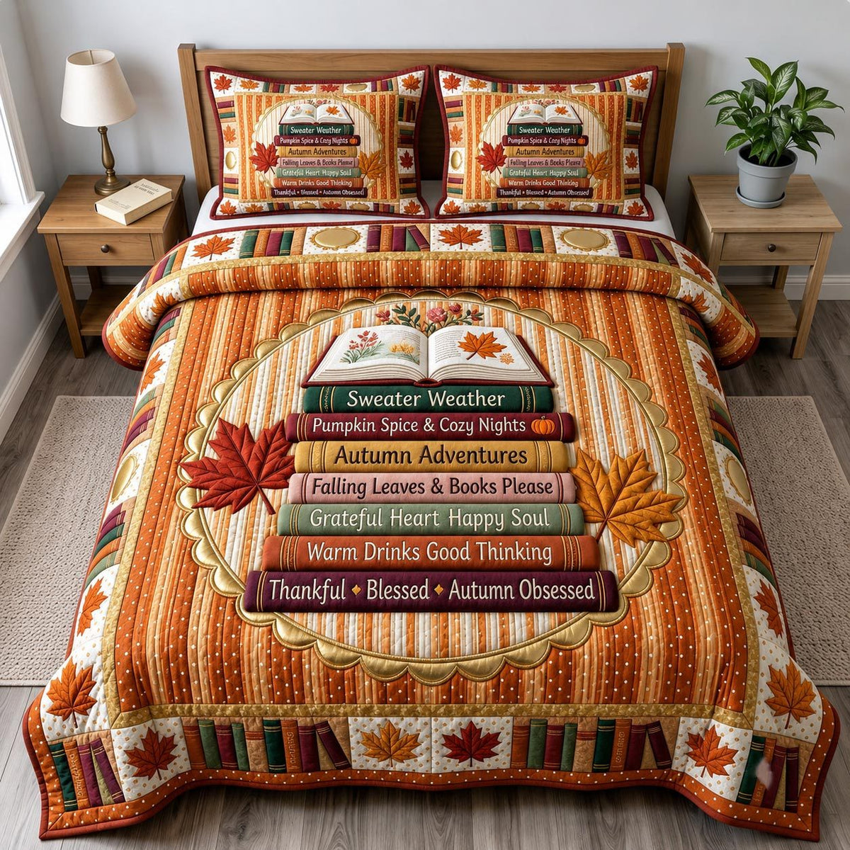 Fall Book Lover quilted 3-piece bedding set on a made bed with two matching pillow shams