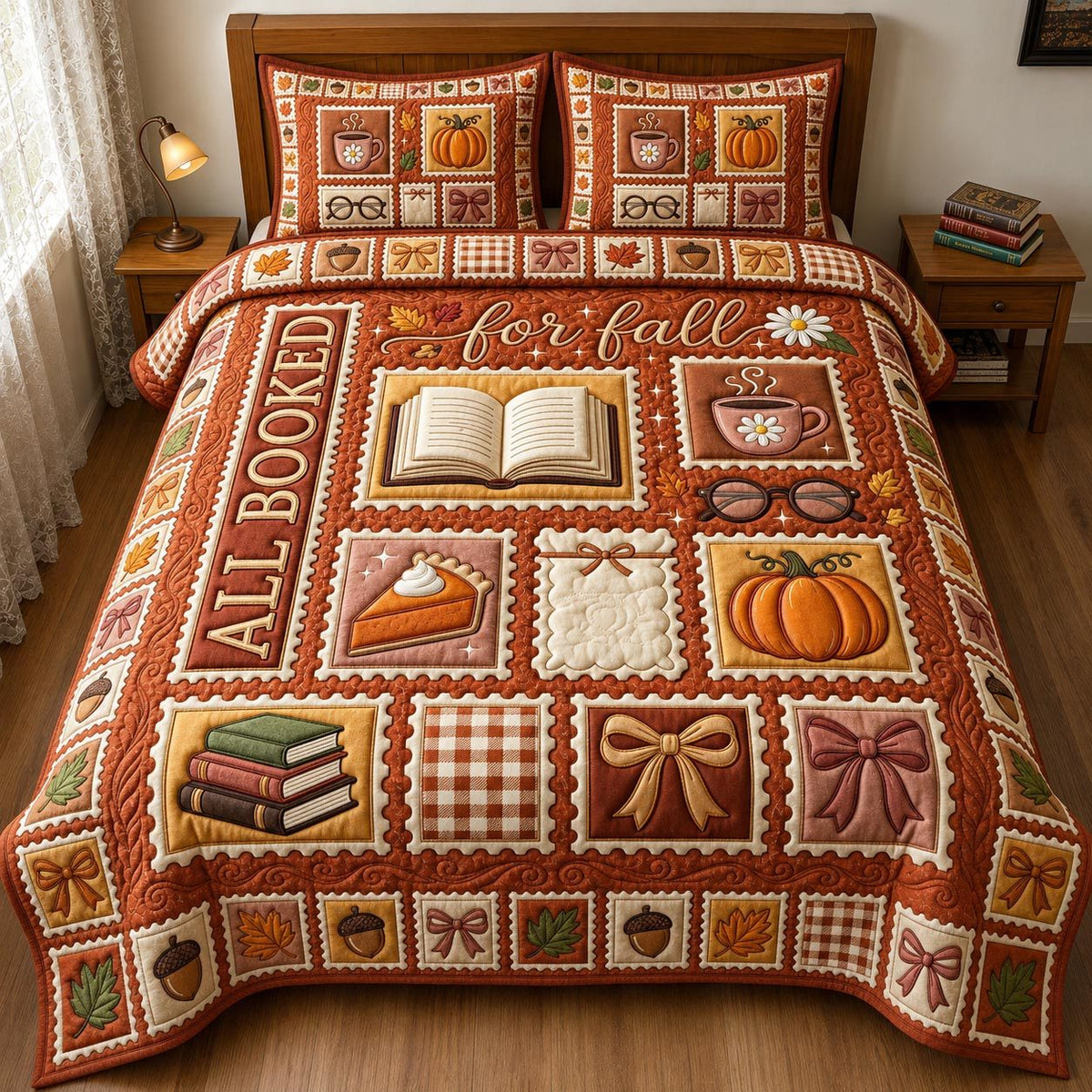Fall Book Lover quilted 3-piece bedding set on a made bed with two matching pillow shams