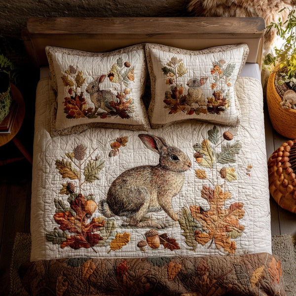 Fall Bunny Adventure quilted 3-piece bedding set on a made bed in a winter-styled bedroom