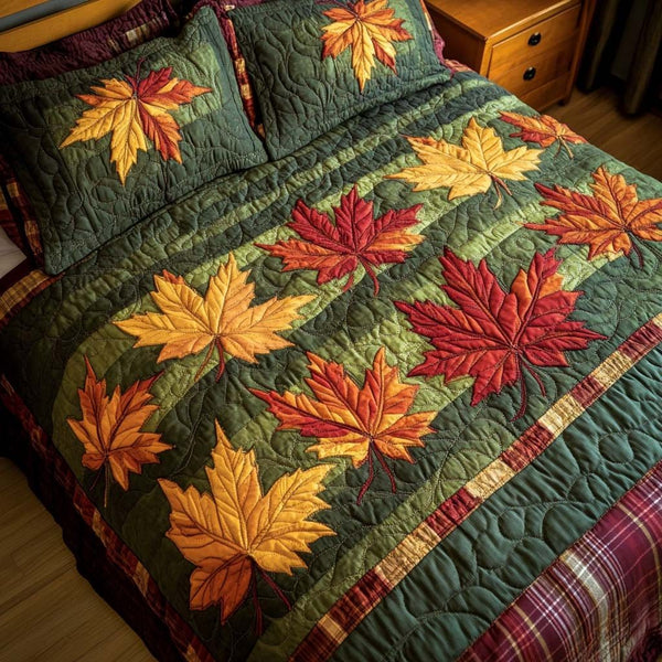 Fall Comfort Home quilted 3-piece bedding set on a made bed with two matching pillow shams