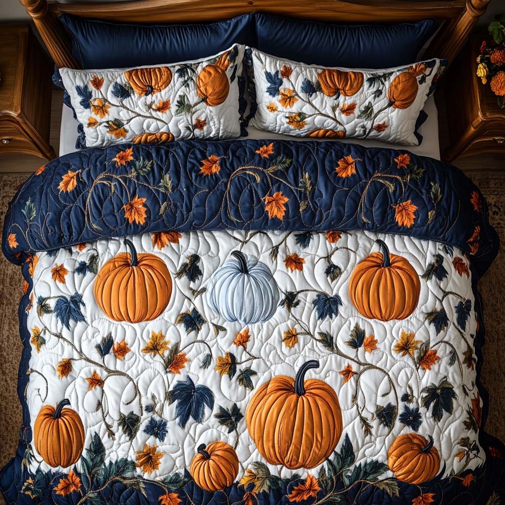 Fall Country Charm quilted 3-piece bedding set on a made bed in a farmhouse bedroom