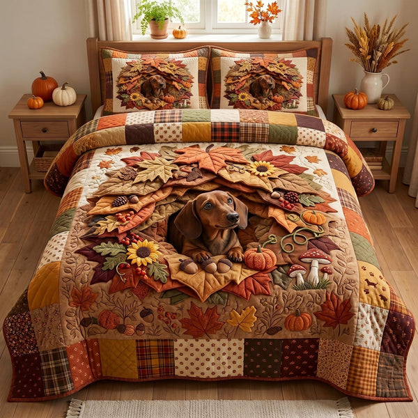 Fall Dachshund quilted 3-piece bedding set on a made bed with two matching pillow shams
