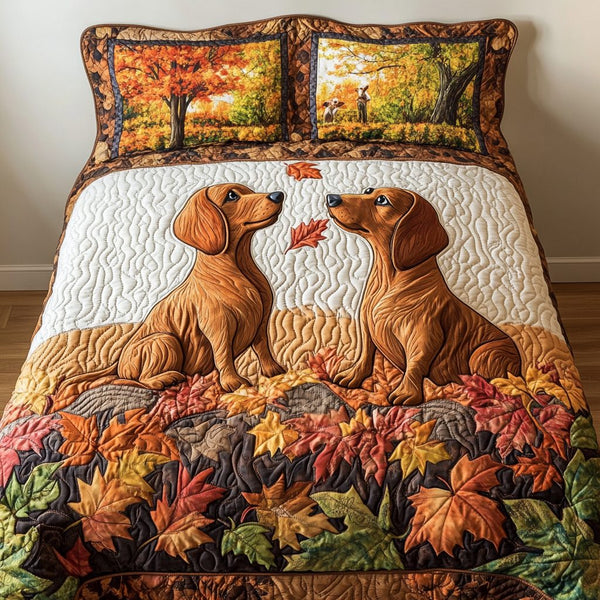 Fall Dachshund quilted 3-piece bedding set on a made bed with two matching pillow shams