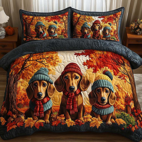 Fall Doxie quilted 3-piece bedding set on a made bed with two matching pillow shams