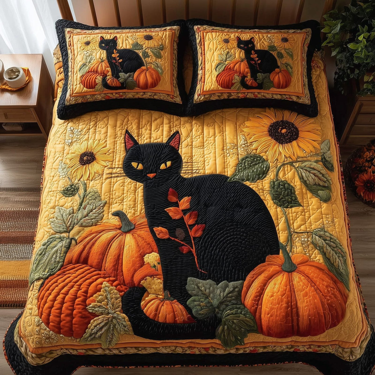 Fall Feline Dreams quilted 3-piece bedding set on a made bed with two matching pillow shams
