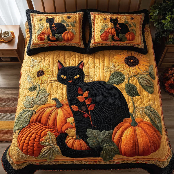 Fall Feline Dreams quilted 3-piece bedding set on a made bed with two matching pillow shams