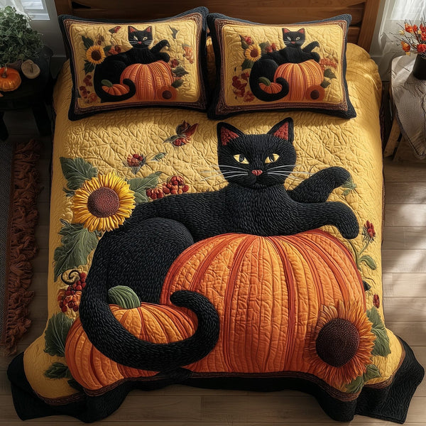 Fall Feline Dreams quilted 3-piece bedding set on a made bed with two matching pillow shams
