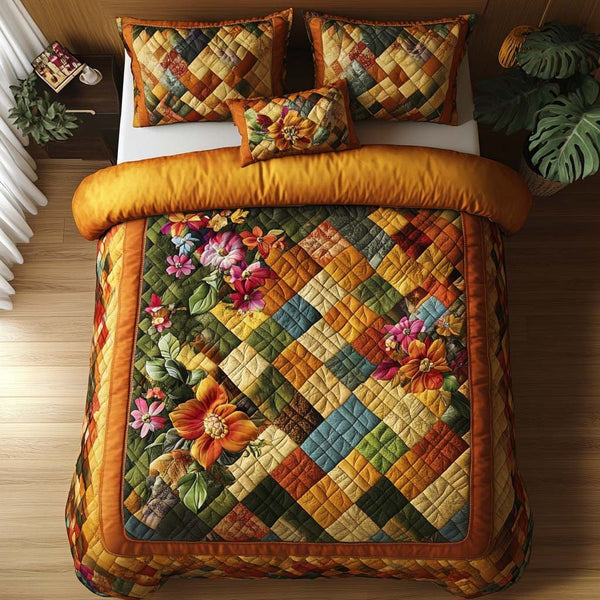 Fall Floral Heart quilted 3-piece bedding set on a made bed with two matching pillow shams