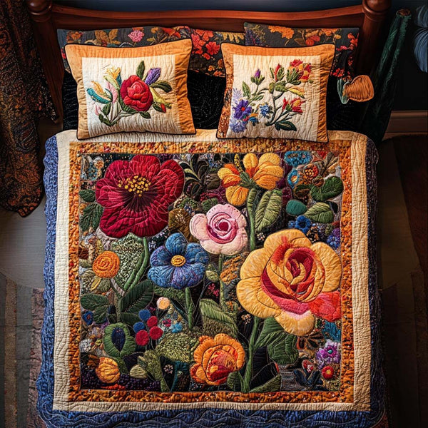 Fall Flower Bliss quilted 3-piece bedding set on a made bed with two matching pillow shams
