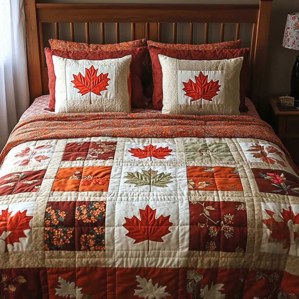 Fall Foliage Bliss quilted 3-piece bedding set on a made bed with two matching pillow shams