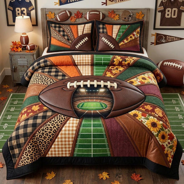 Fall Football Fan quilted 3-piece bedding set on a made bed with two matching pillow shams