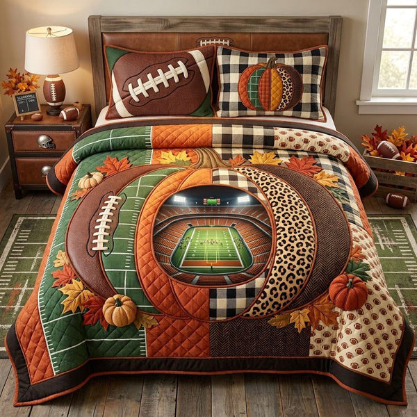 Fall Football Stadium quilted 3-piece bedding set on a made bed with two matching pillow shams