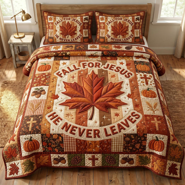 Fall For Jesus quilted 3-piece bedding set on a made bed in a softly lit bedroom