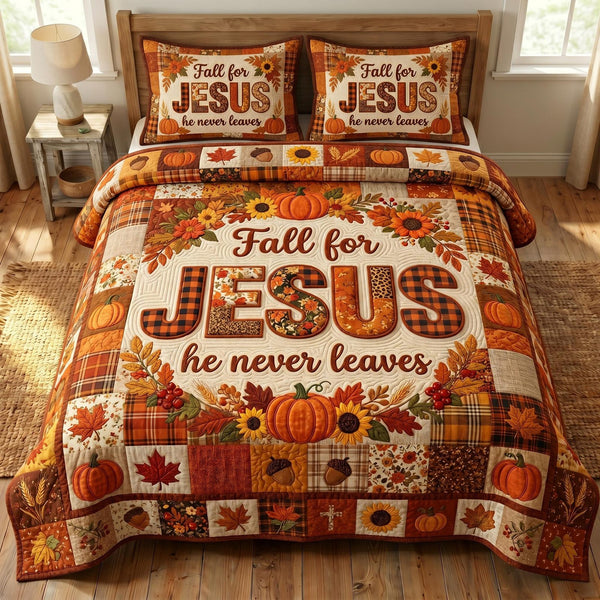 Fall For Jesus quilted 3-piece bedding set on a made bed in a softly lit bedroom