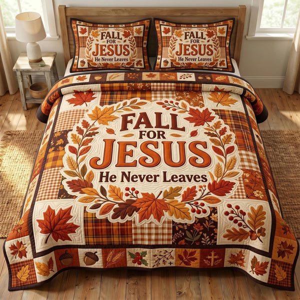 Fall For Jesus quilted 3-piece bedding set on a made bed in a softly lit bedroom