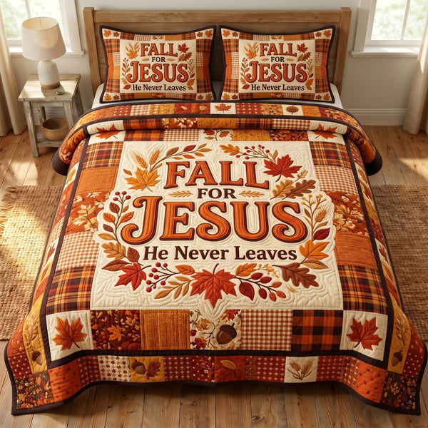 Fall For Jesus quilted 3-piece bedding set on a made bed in a softly lit bedroom
