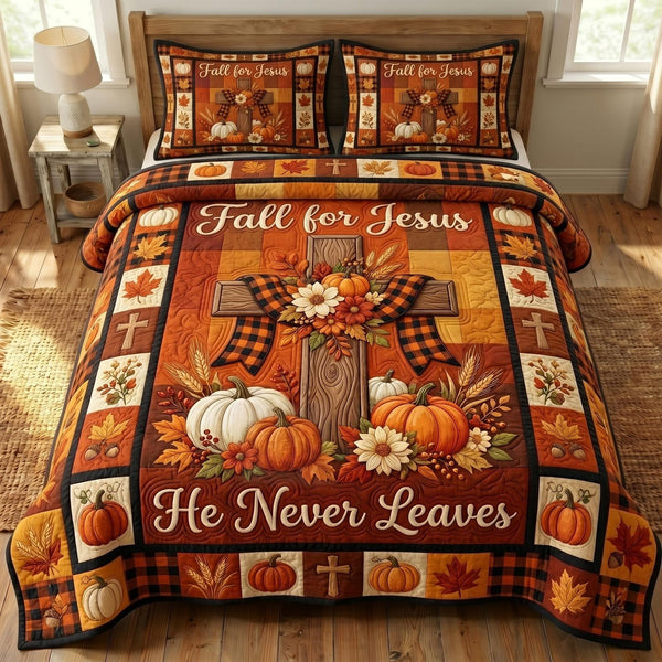 Fall For Jesus quilted 3-piece bedding set on a made bed in a softly lit bedroom