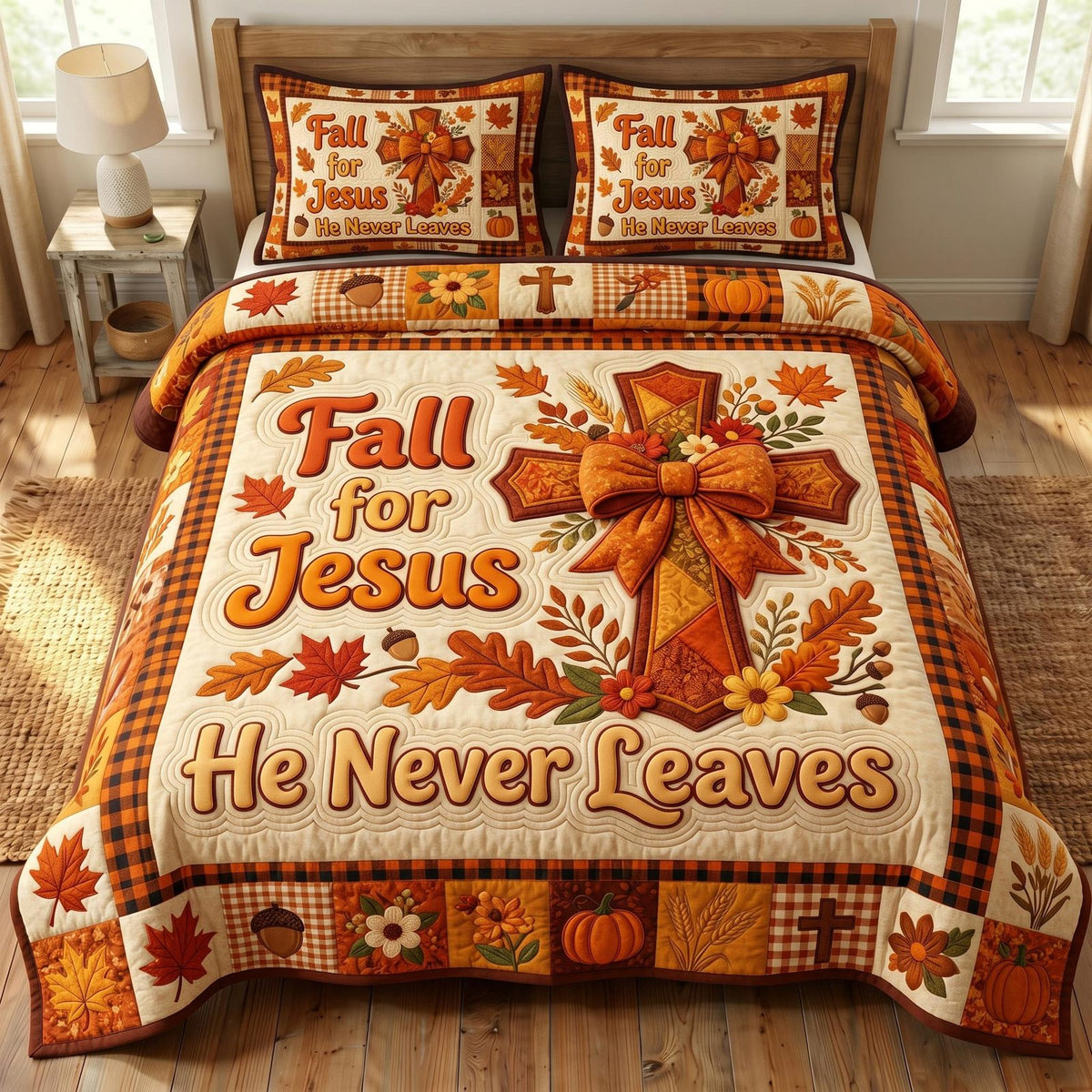 Fall For Jesus quilted 3-piece bedding set on a made bed in a softly lit bedroom