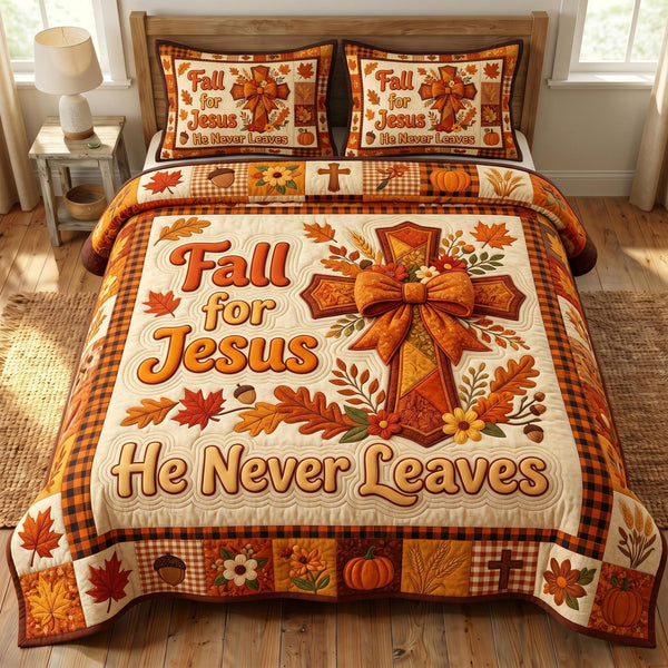 Fall For Jesus quilted 3-piece bedding set on a made bed in a softly lit bedroom