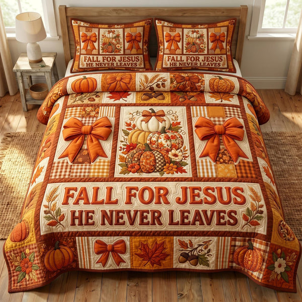 Fall For Jesus quilted 3-piece bedding set on a made bed in a softly lit bedroom