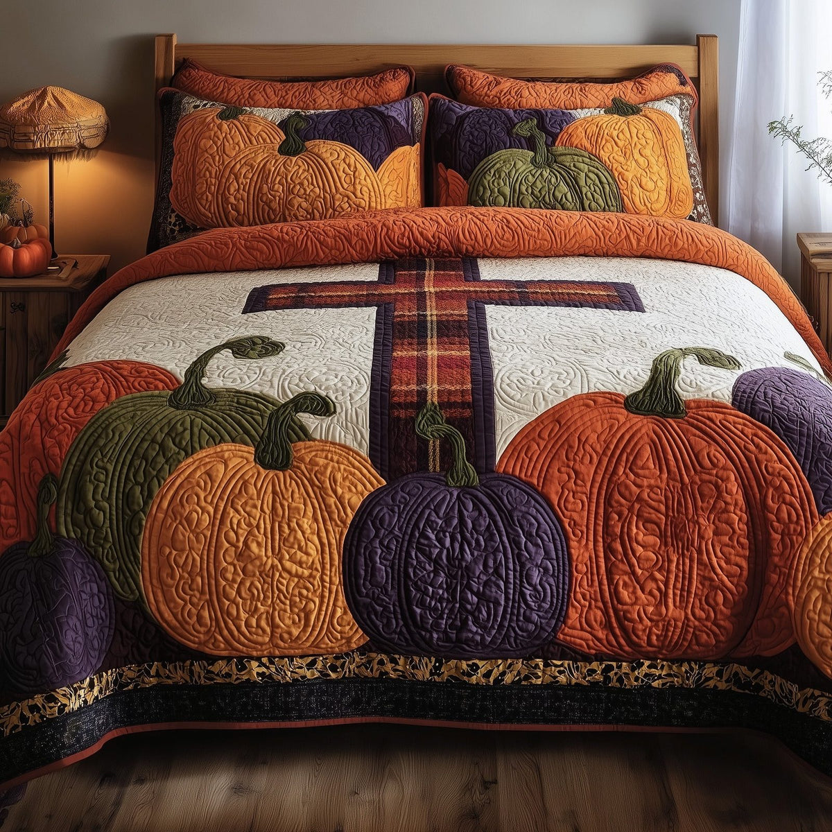 Fall For Jesus quilted 3-piece bedding set on a made bed in a softly lit bedroom