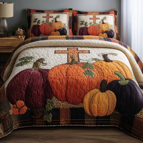 Fall For Jesus quilted 3-piece bedding set on a made bed in a softly lit bedroom