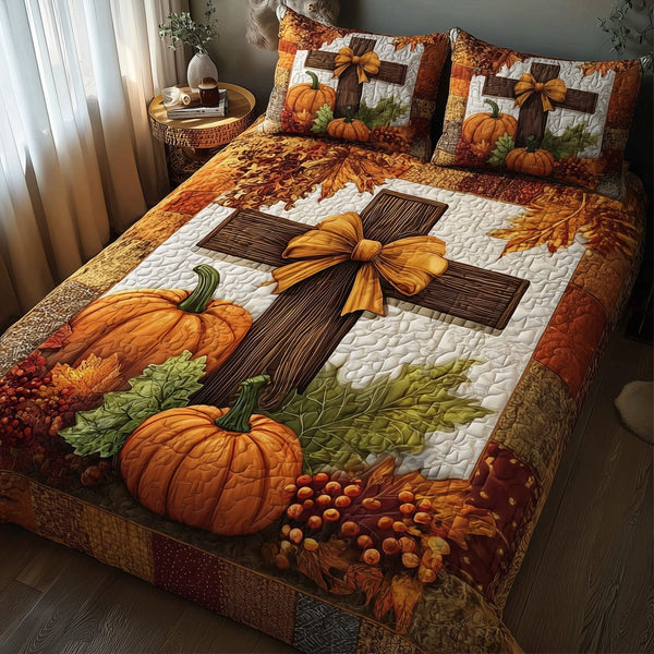 Fall for Jesus quilted 3-piece bedding set on a made bed in a softly lit bedroom