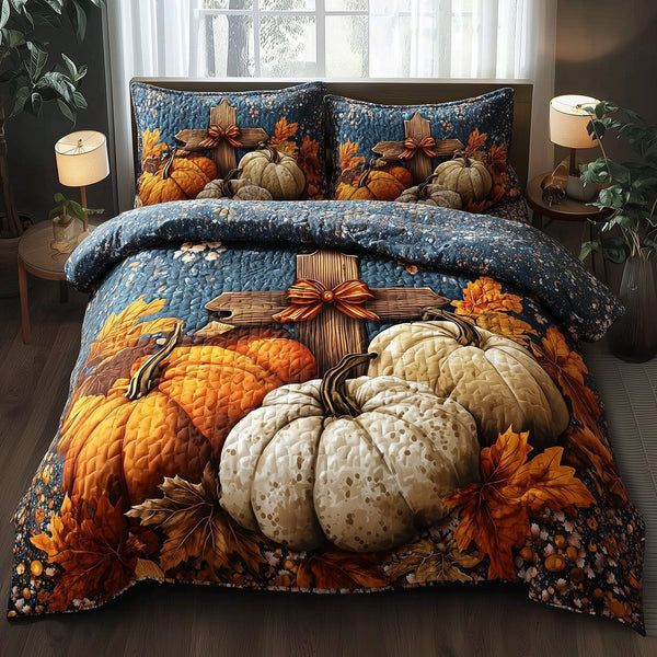 Fall for Jesus quilted 3-piece bedding set on a made bed in a softly lit bedroom