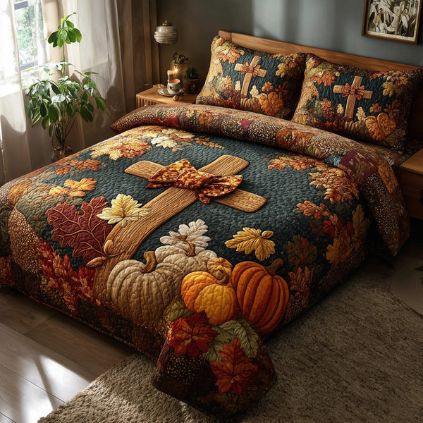 Fall for Jesus quilted 3-piece bedding set on a made bed in a softly lit bedroom