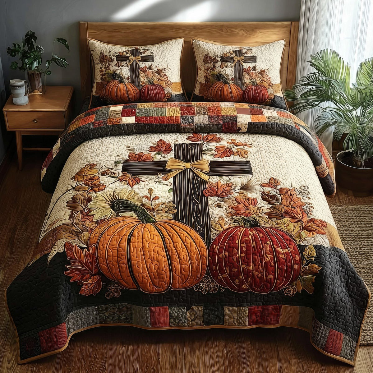Fall for Jesus quilted 3-piece bedding set on a made bed in a softly lit bedroom