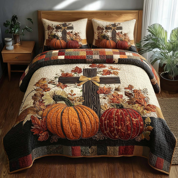 Fall for Jesus quilted 3-piece bedding set on a made bed in a softly lit bedroom