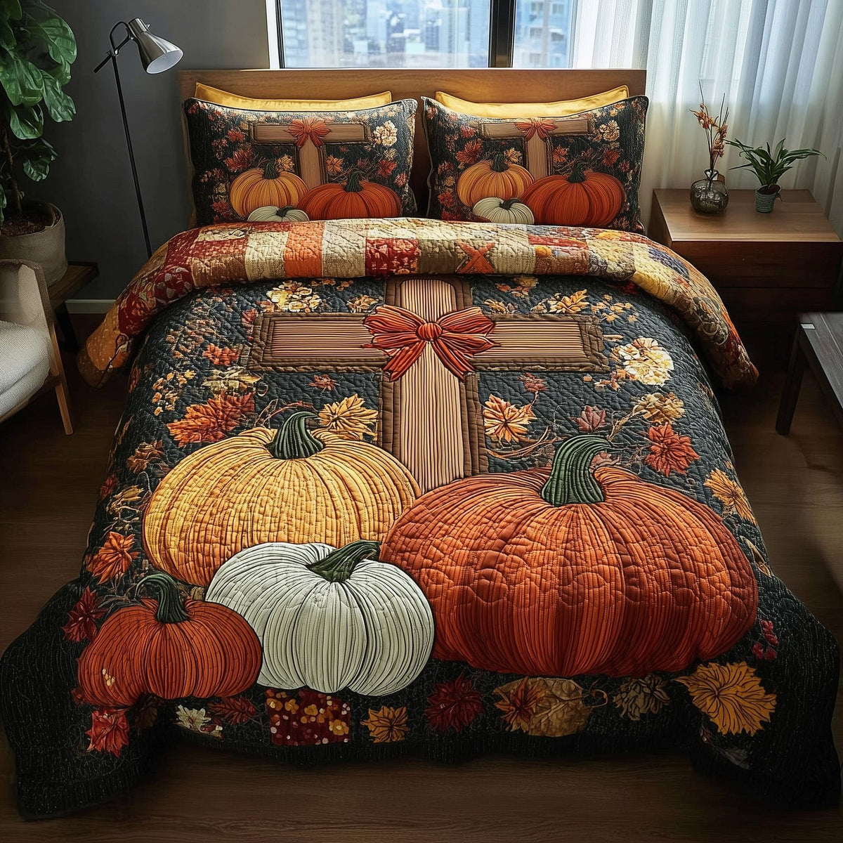 Fall for Jesus quilted 3-piece bedding set on a made bed in a softly lit bedroom