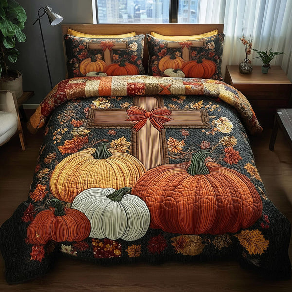 Fall for Jesus quilted 3-piece bedding set on a made bed in a softly lit bedroom
