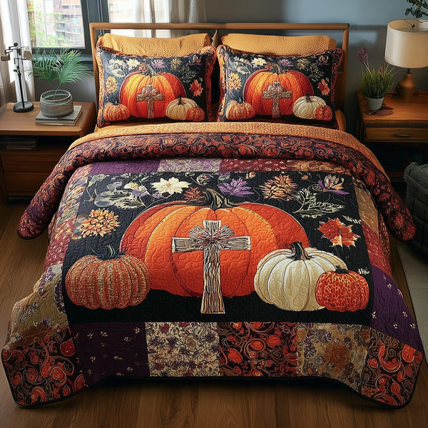 Fall for Jesus quilted 3-piece bedding set on a made bed in a softly lit bedroom