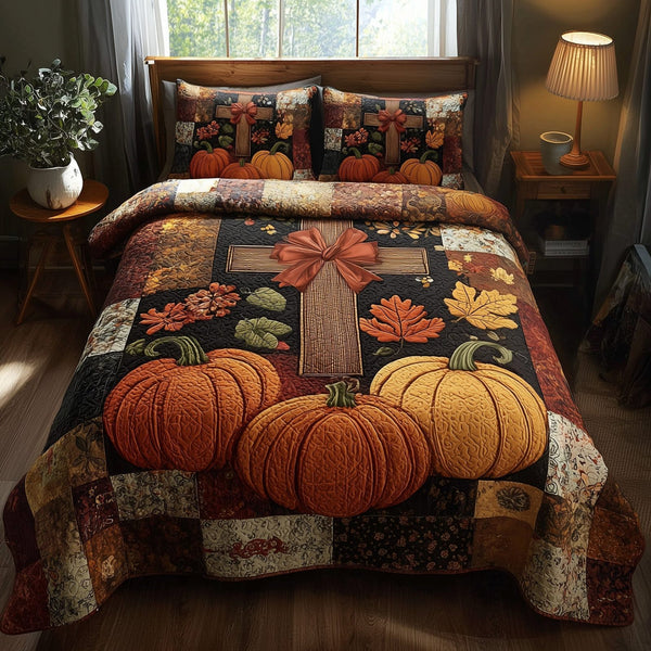 Fall for Jesus quilted 3-piece bedding set on a made bed in a softly lit bedroom