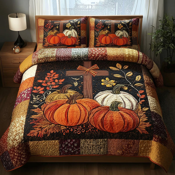 Fall for Jesus quilted 3-piece bedding set on a made bed in a softly lit bedroom