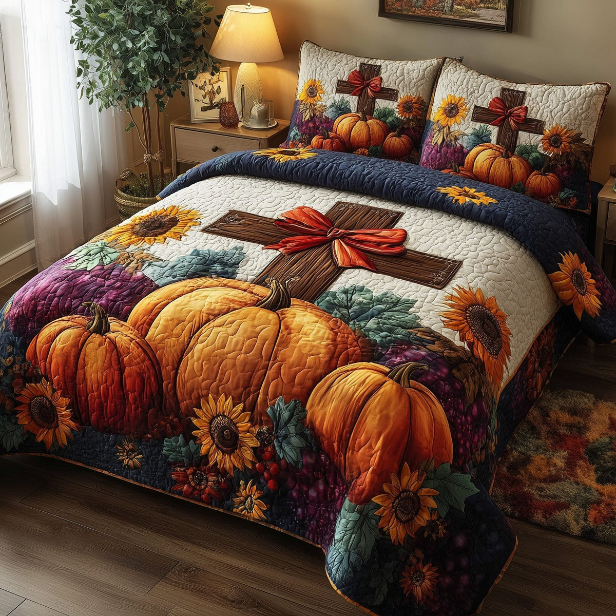 Fall for Jesus quilted 3-piece bedding set on a made bed in a softly lit bedroom