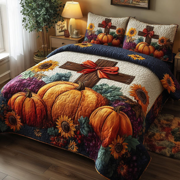 Fall for Jesus quilted 3-piece bedding set on a made bed in a softly lit bedroom