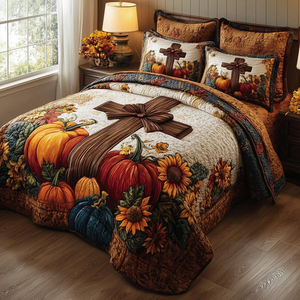 Fall for Jesus quilted 3-piece bedding set on a made bed in a softly lit bedroom