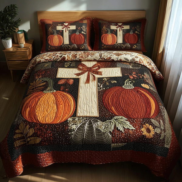 Fall for Jesus quilted 3-piece bedding set on a made bed in a softly lit bedroom