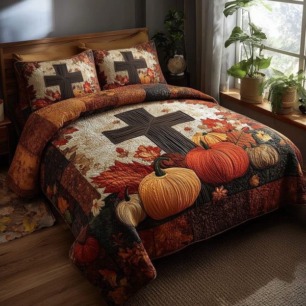 Fall for Jesus quilted 3-piece bedding set on a made bed in a softly lit bedroom